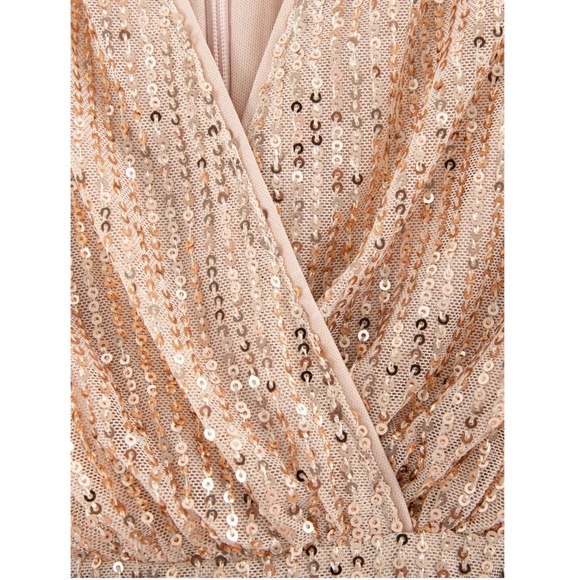 Gold Sequins on Beige V-Neck Surplice Long Sleeve Belted Mini Dress Short - Picture 8 of 11